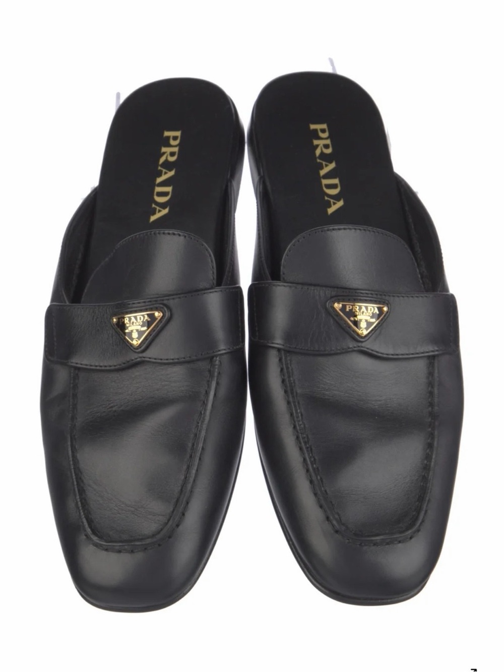 Prada Black Leather Backless Loafer Mule with Gold Triangle Hardware - Picture 3 of 13